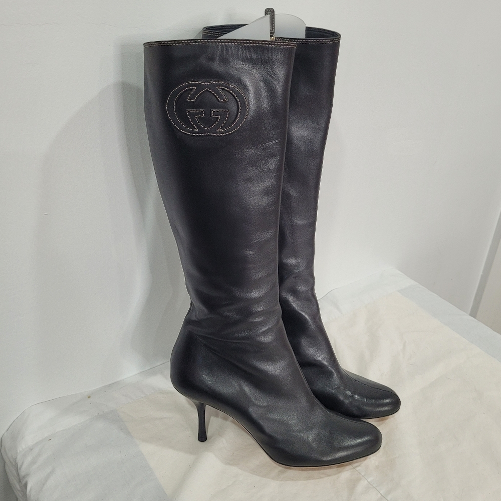 Gucci Stiv Pelle S Cuoio Lifford Nero Black Zip Logo Tall Boots